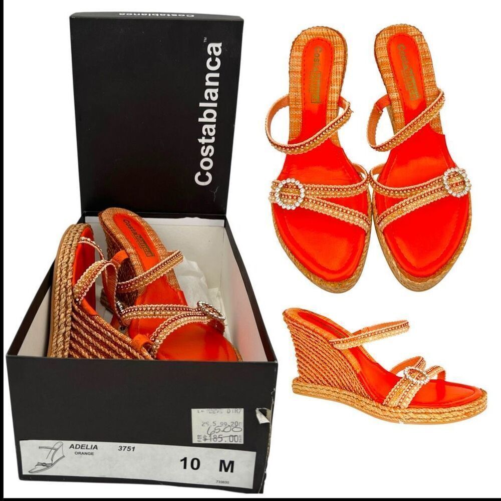 Costablanca Adelia Rhinestone Pearl Espadrille Wedge Heels Orange Size 10 Bling